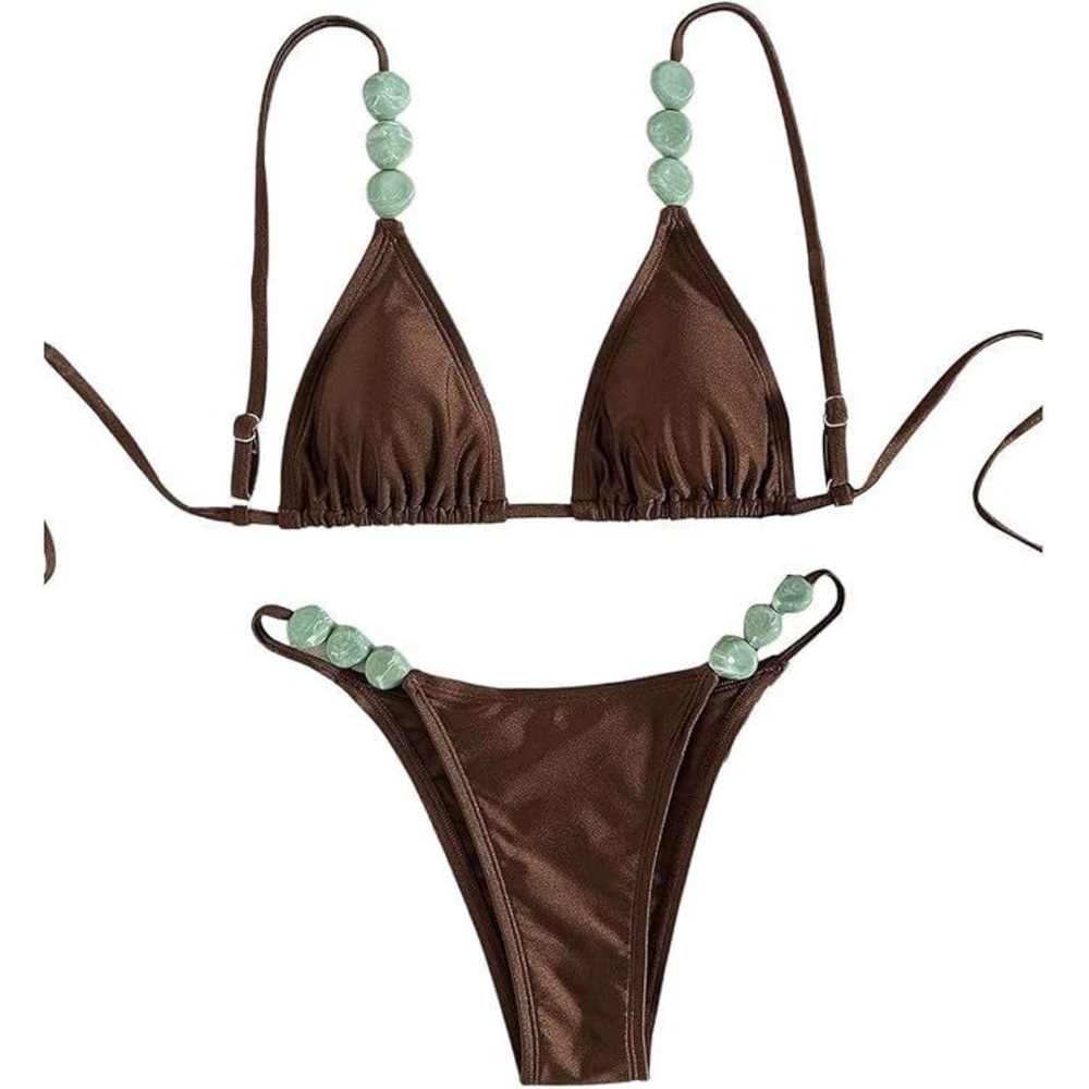 Oyoangle Women's Beaded Triangle High Cut 2pc Bikini Set - Brown - Medium